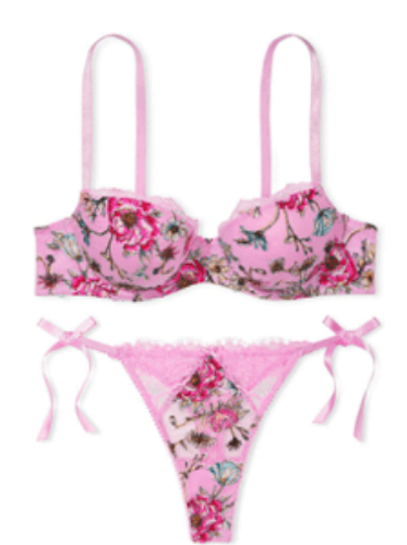 DREAM ANGELS Lightly Lined Floral Embroidery Demi Bra 11214267 &amp; DREAM ANGELS Floral Embroidery Side-Tie Thong Panty 11216098